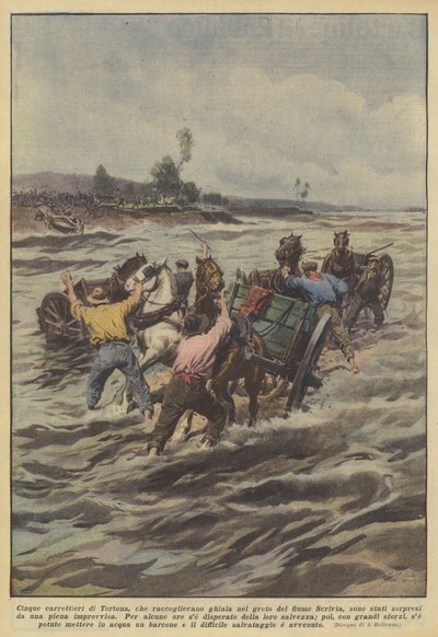 Vijf voermannen uit Tortona, die grind verzamelden in de bedding van de rivier Scrivia door Achille Beltrame