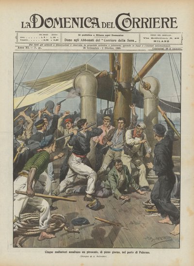Vijf misdadigers overvallen een stoomschip midden op de dag in de haven van Palermo door Achille Beltrame