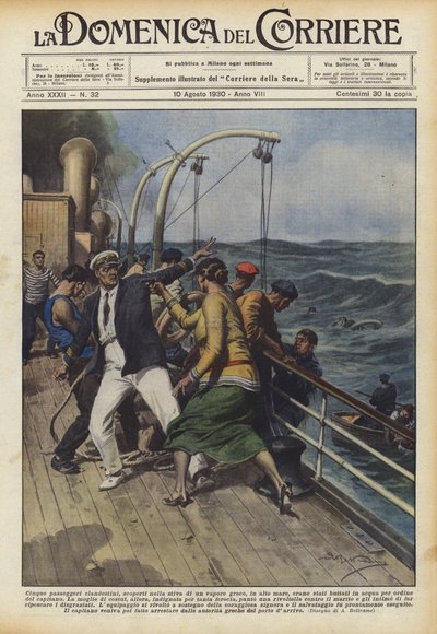 Vijf verstekelingen, ontdekt in het ruim van een Griekse stoomboot, op volle zee... door Achille Beltrame