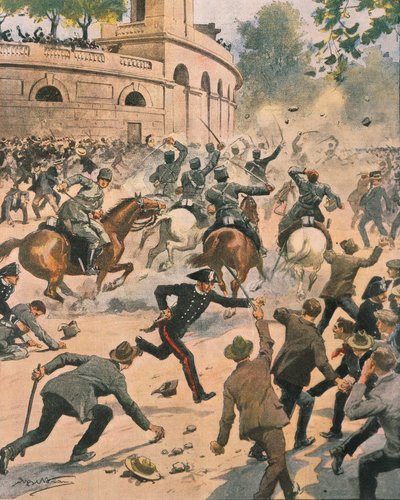 Botsingen voor Arena tijdens algemene staking in Milaan, illustratie door Achille Beltrame uit La Domenica del Corriere, juni 1914 door Achille Beltrame