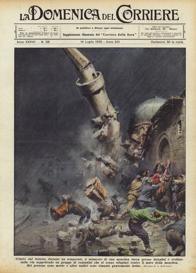 Getroffen door de bliksem tijdens een storm, de minaret van een Turkse moskee bij Istanbul ? door Achille Beltrame