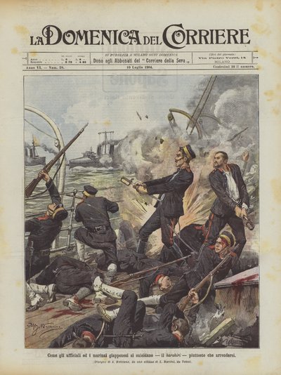Hoe Japanse officieren en matrozen zelfmoord plegen, de harakiri, liever dan zich over te geven door Achille Beltrame