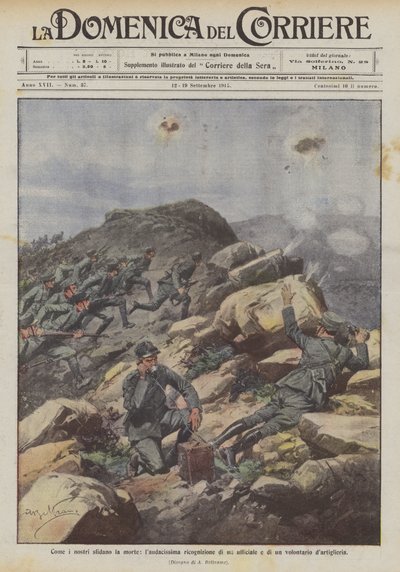 Hoe onze mannen de dood trotseren, de zeer gedurfde verkenning van een officier en een vrijwilliger van de artillerie door Achille Beltrame