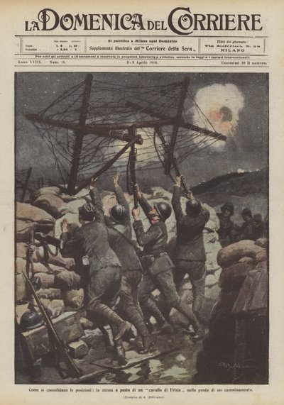 Hoe de posities worden versterkt, het plaatsen van een Friese ruiter op de rand van een loopgraaf door Achille Beltrame