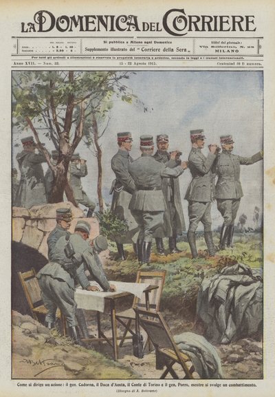 Hoe een actie wordt geleid, generaal Cadorna, de hertog van Aosta, de graaf van Turijn en generaal Porro door Achille Beltrame