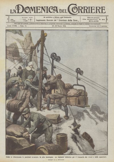 Hoe de voorste posities worden bevoorraad, in de hoge bergen, een kabelbaaninstallatie door Achille Beltrame