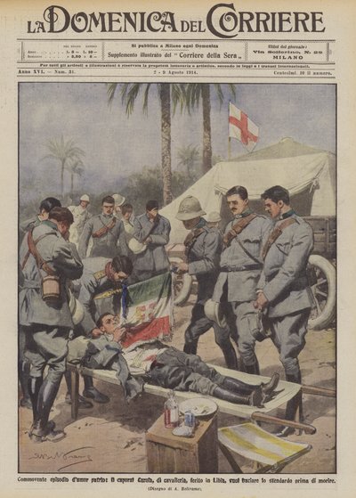 Ontroerend patriottisch tafereel, korporaal Carola van de cavalerie, gewond in Libië, wil de grond kussen door Achille Beltrame
