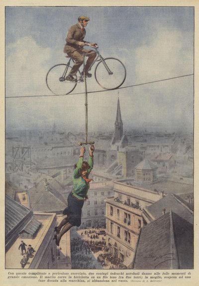 Met deze ingewikkelde en gevaarlijke oefening trekken twee Duitse acrobaten echtparen de menigte aan door Achille Beltrame