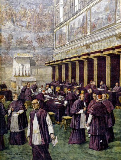 Conclaaf in de Sixtijnse Kapel voor de verkiezing van de nieuwe paus. Illustratie van Beltrame. La Domenica del corriere. 1903. door Achille Beltrame