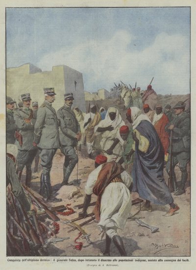 Verovering van het Derna-plateau, generaal Salsa, na het eisen van ontwapening van de bevolking door Achille Beltrame