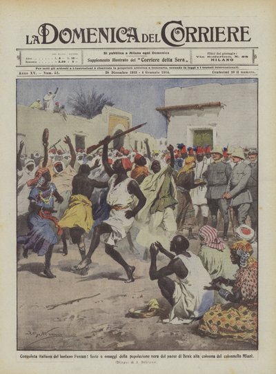 Italiaanse verovering van het verre Fezzan, feesten en eerbetoon van de zwarte bevolking van het dorp Brak door Achille Beltrame