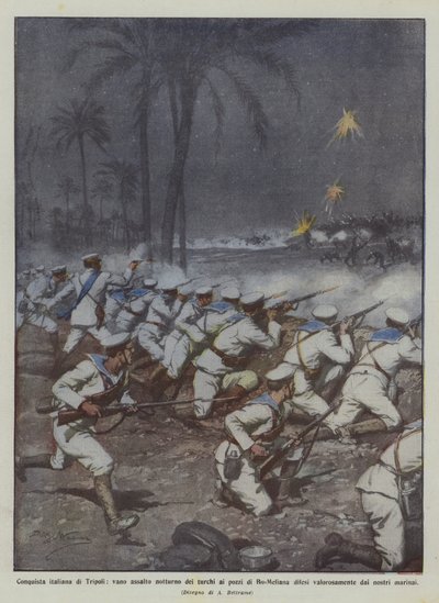 Italiaanse verovering van Tripoli, vergeefse nachtelijke aanval van de Turken op de putten van Bu-Meliana verdedigd door Achille Beltrame