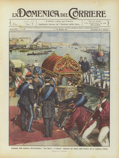 Overhandiging van de vlag aan de kruiser San Marco in Venetië, transport van de kist in de bissona door Achille Beltrame