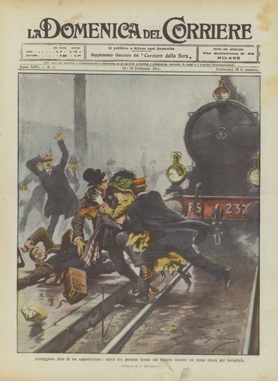 Moedige daad van een stationschef, redt drie mensen die op het spoor stonden terwijl een trein naderde door Achille Beltrame