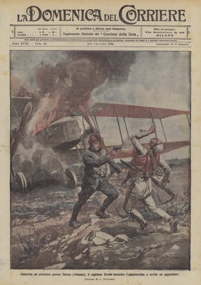 Gedwongen te landen bij Zarnec (Albanië), steekt kapitein Ercole het vliegtuig in brand en doodt een aanvaller door Achille Beltrame