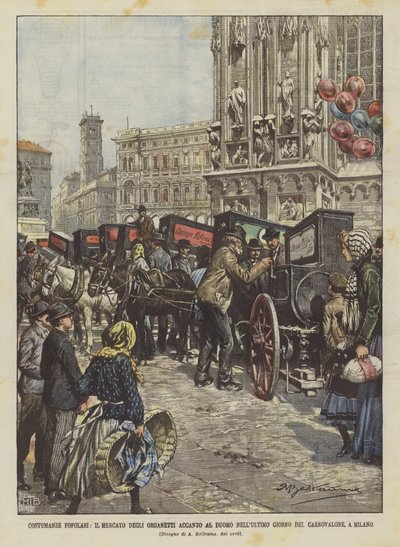 Volksgebruiken, de markt van de orgeltjes naast de kathedraal op de laatste dag van Carnovalone, in Milaan door Achille Beltrame