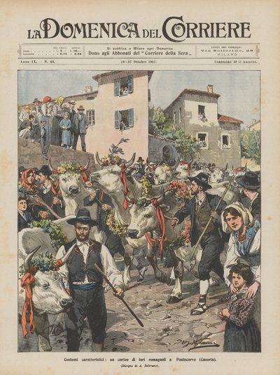 Kenmerkende kostuums, een optocht van Romagna-stieren in Pontecorvo (Caserta) door Achille Beltrame