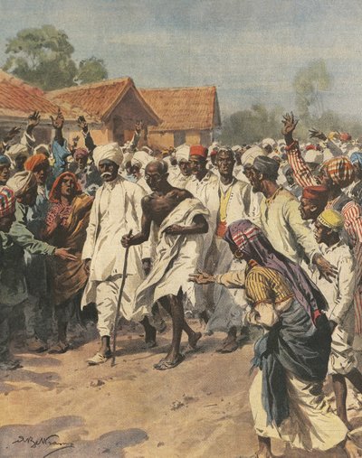 Omslagillustratie van Gandhi en tachtig martelaren op weg naar het zoutpan van Jalalpur, illustratie door Achille Beltrame