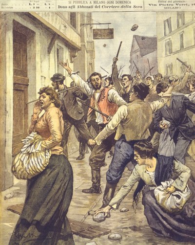 Omslagillustratie van antisemitische opstanden in Moravië door Achille Beltrame
