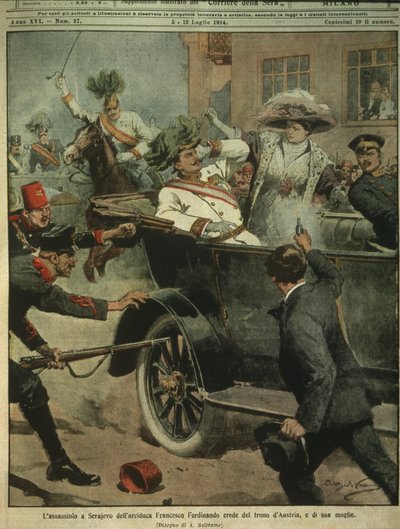 Omslagillustratie van de moord op aartshertog Franz Ferdinand van Oostenrijk, erfgenaam van de Oostenrijks-Hongaarse troon, Sarajevo door Achille Beltrame