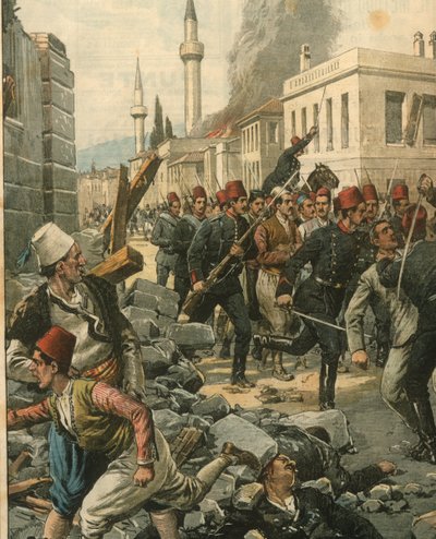 Omslagillustratie van Bulgaren die Thessaloniki binnenvallen en de bevolking terroriseren door Achille Beltrame