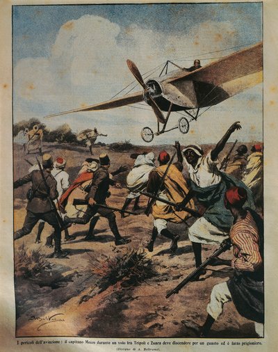 Omslagillustratie van Kapitein Moizo die een noodlanding probeert tijdens de Afrikaanse campagne, door Achille Beltrame, uit La Domenica del Corriere, 22 september 1912 door Achille Beltrame