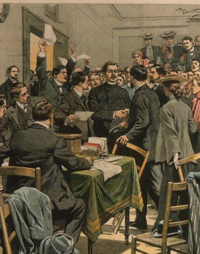 Omslagillustratie van de aankomst van Maxim Gorky bij een bijeenkomst van Russische revolutionairen; Londen, Engeland door Achille Beltrame