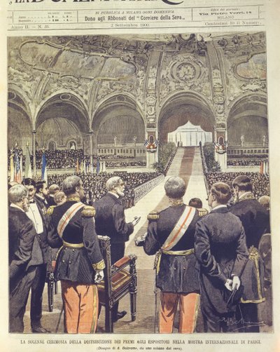 Omslagillustratie van plechtige ceremonie voor de uitreiking van prijzen op de Universele Expositie van 1900 in Parijs, Frankrijk door Achille Beltrame
