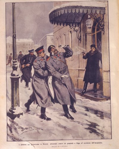 Omslagillustratie van Terrorisme in het Russische Rijk; aanslag op het leven van een generaal en de dood van de aanvaller in Riga door Achille Beltrame