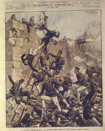 Omslagillustratie van het beleg van Port Arthur in China tijdens de Russisch-Japanse oorlog van 1904-1905 door Achille Beltrame