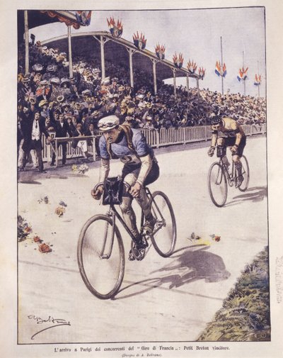 Omslagillustratie van aankomst Tour de France-rijders, met Petit-Breton winnaar; Parijs, Frankrijk door Achille Beltrame