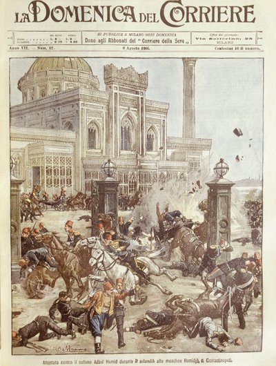 Omslagillustratie van moordaanslag op Sultan Abdul Hamid in Constantinopel door Achille Beltrame