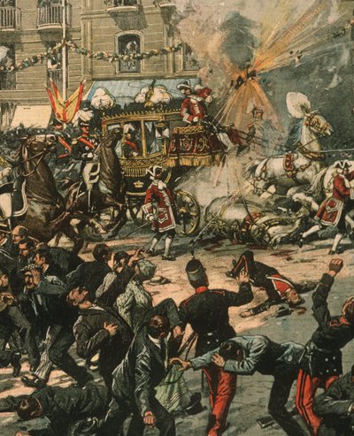 Omslagillustratie van moordaanslag op koning Alfonso XIII op zijn trouwdag, 31 mei 1906, Madrid, Spanje door Achille Beltrame