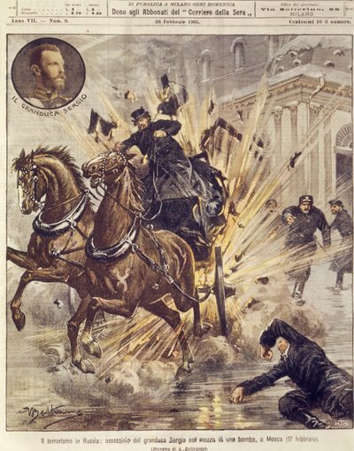 Omslagillustratie van de moord op Groothertog Sergei Alexandrovich Romanov door terroristische bom in Moskou, Rusland door Achille Beltrame