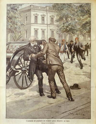 Omslagillustratie van moord op Griekse premier Delyannis; Athene, Griekenland door Achille Beltrame
