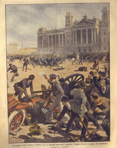 Omslagillustratie van gevechten op het Parlementsplein tijdens de opstand in Boedapest door Achille Beltrame
