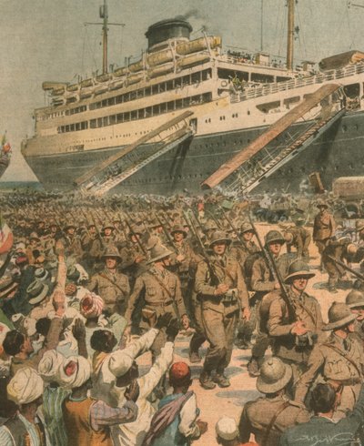 Omslagillustratie van de landing van Italiaanse troepen in Oost-Afrika door Achille Beltrame