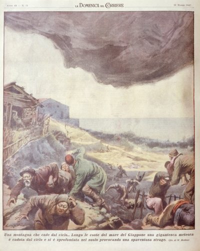 Omslagillustratie van meteoriet die op Japan valt door Achille Beltrame