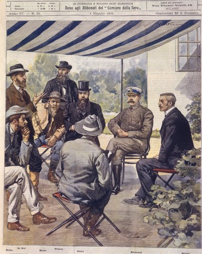 Omslagillustratie van onderhandelingen voor vredesverdrag tijdens de Anglo-Zulu en Anglo-Boerenoorlogen door Achille Beltrame
