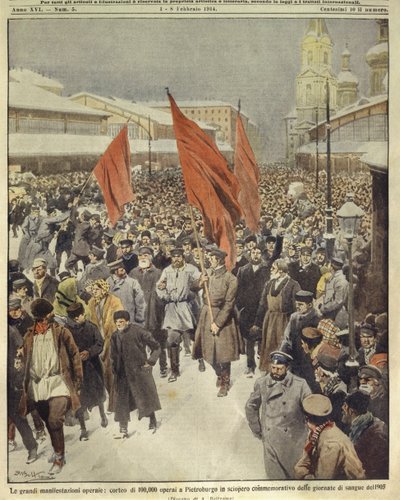 Omslagillustratie van honderdduizend arbeiders die marcheren ter herdenking van Bloedige Zondag van 1905; Sint-Petersburg, Rusland door Achille Beltrame