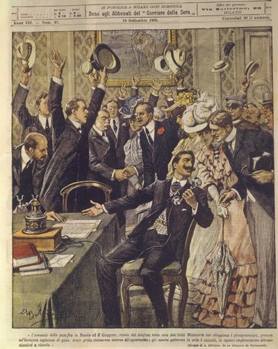 Omslagillustratie van mensen die de aankondiging van het vredesverdrag tussen Rusland en Japan vieren, tijdens de Russisch-Japanse oorlog van 1904-1905 door Achille Beltrame