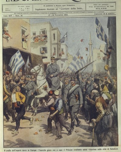 Omslagillustratie van het zegevierende Griekse leger dat Thessaloniki binnentrekt tijdens de val van het Turkse Rijk door Achille Beltrame