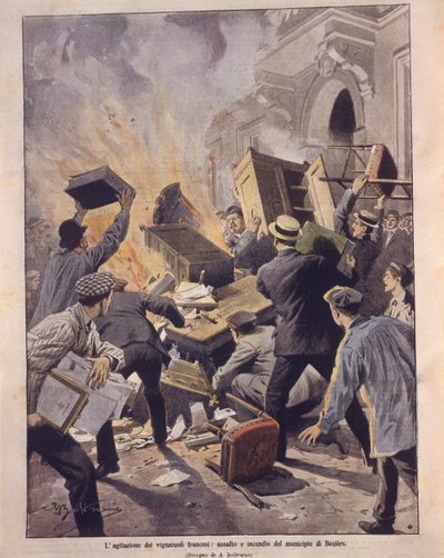 Omslagillustratie van wijnmakers die het stadhuis van Beziers in brand steken tijdens opstanden in Frankrijk door Achille Beltrame