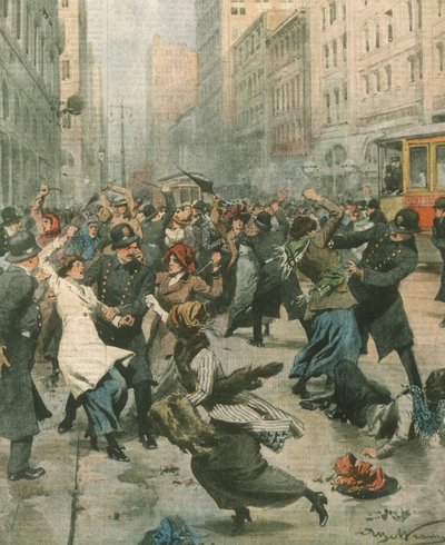 Omslagillustratie van vrouwen die protesteren tegen werkloosheid op straat; New York, VS door Achille Beltrame