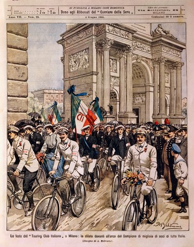 Fietsers paraderen bij Boog van Vrede, Italiaanse Touring Club viering in Milaan, Italië, illustratie door Achille Beltrame uit La Domenica del Corriere, 4 juni door Achille Beltrame