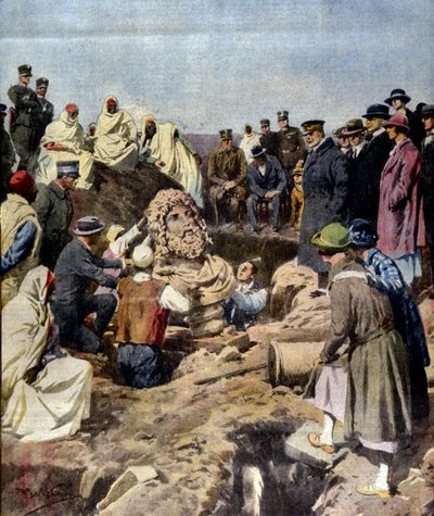 Ontdekking van een buste van Jupiter in Sabratha in Libië in 1925. illustratie door Achille Beltrame door Achille Beltrame