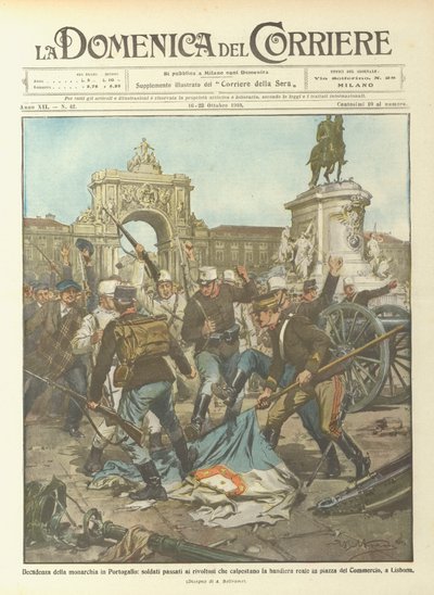 De ondergang van de monarchie in Portugal, soldaten die zich bij de opstandelingen hebben aangesloten vertrappen de vlag door Achille Beltrame