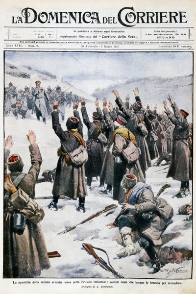 Nederlaag van het tiende Russische leger in Oost-Pruisen: Russische soldaten steken hun armen op in overgave, plaat door Achille Beltrame (1871-1945) uit La Domenica del Corriere, 28 februari-7 maart 1915 door Achille Beltrame
