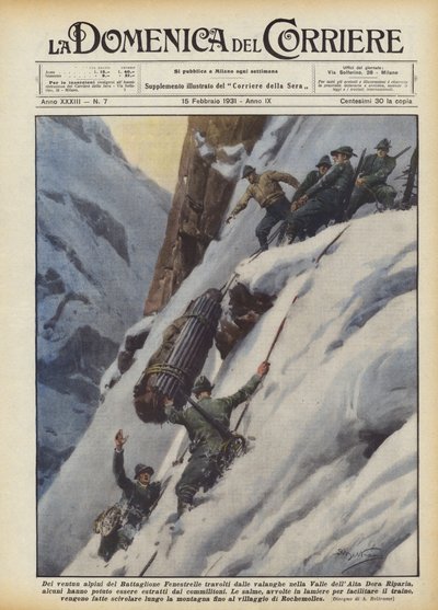 Van de eenentwintig Alpini van het Fenestrelle Bataljon, bedolven door lawines in de Alta Dora Vallei door Achille Beltrame