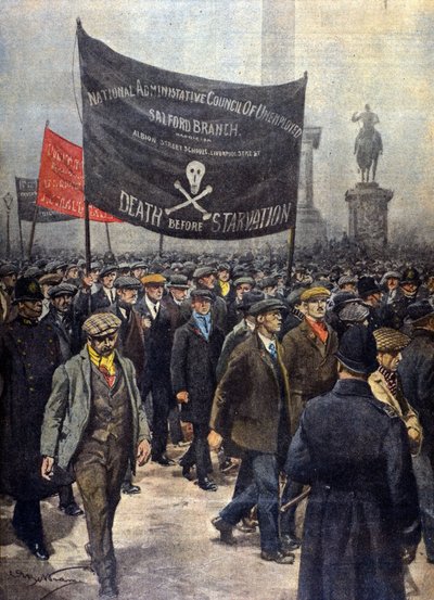 Demonstratie van stakende mijnwerkers. Londen 1922. Illustratie door Achille Beltrame. La Domenica del Corriere. door Achille Beltrame